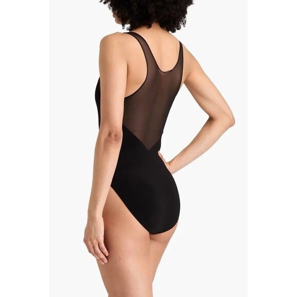 Norma Kamali Black One-Piece Swimsuit Racer Deep-V Combo Mio Sz S New Mesh Swim - Picture 9 of 9
